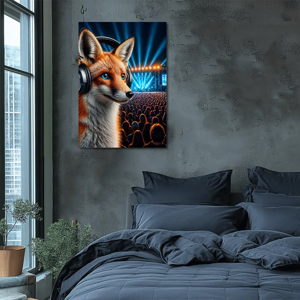 Fox With Headphones At Music Festival Night – Wall Art