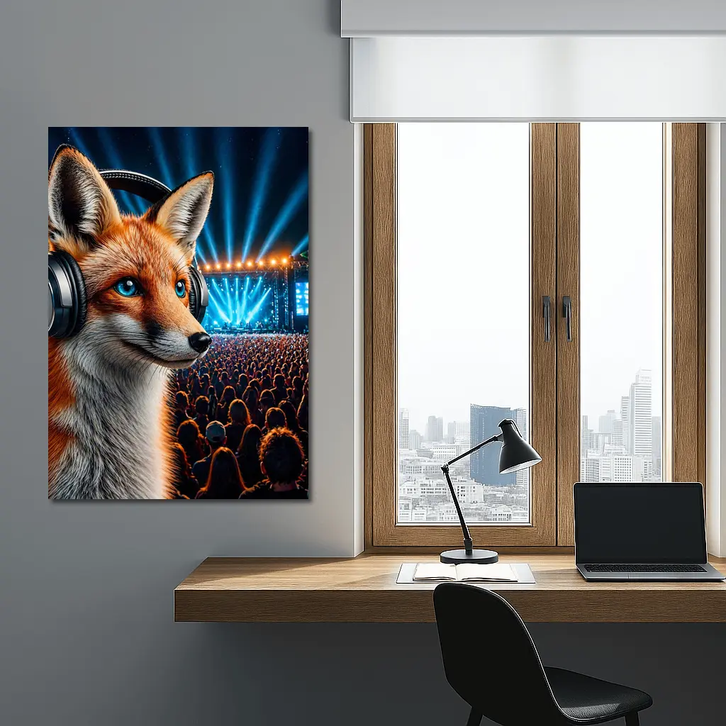 Fox With Headphones At Music Festival Night – Wall Art
