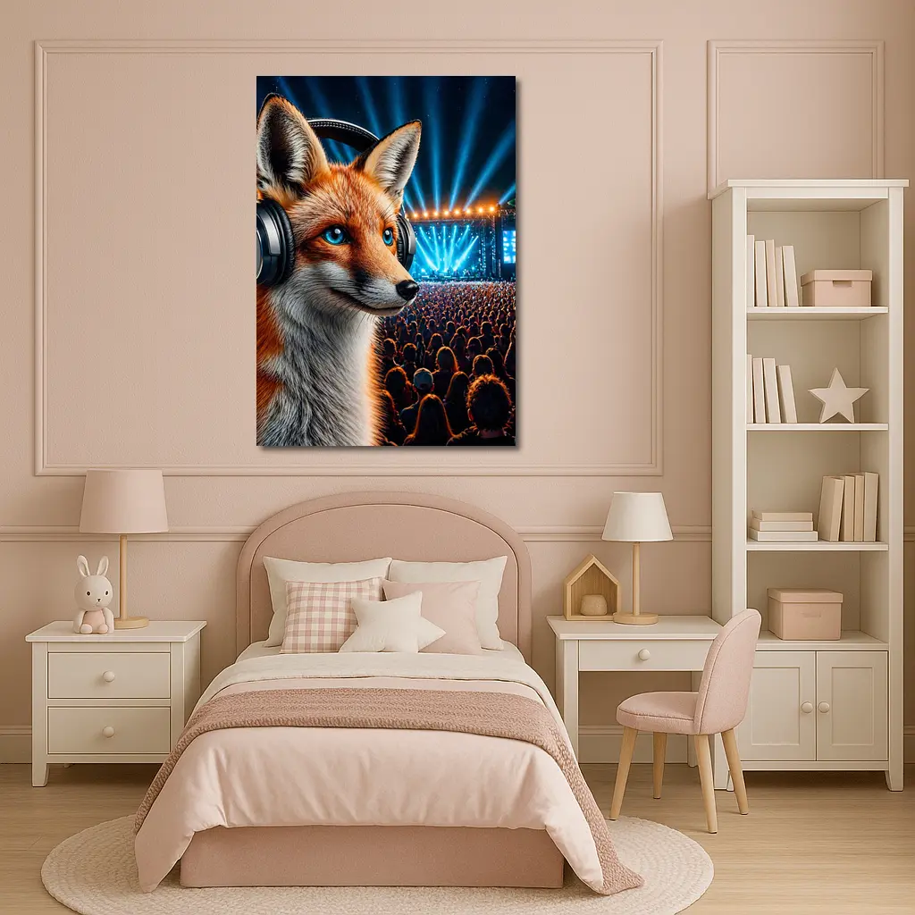 Fox With Headphones At Music Festival Night – Wall Art