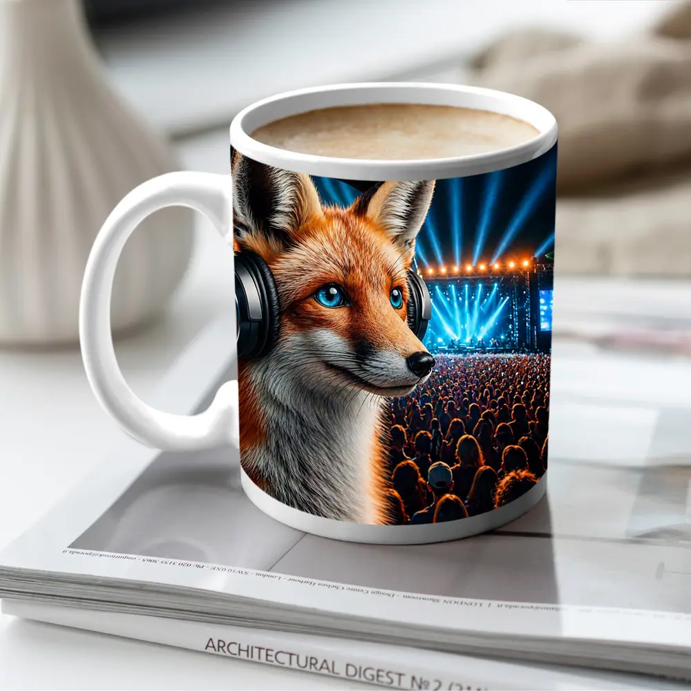 Fox With Headphones At Music Festival Night – Mugs