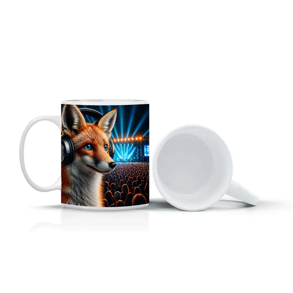 Fox With Headphones At Music Festival Night – Mugs