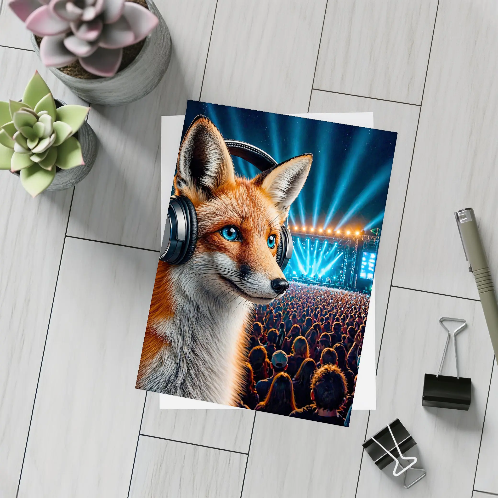 Fox With Headphones At Music Festival Night – Postcards