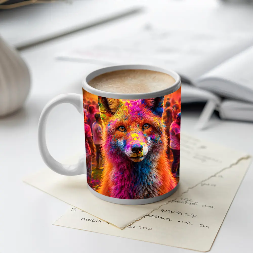 Fox Covered in Holi Colors Festival Crowd – Mugs