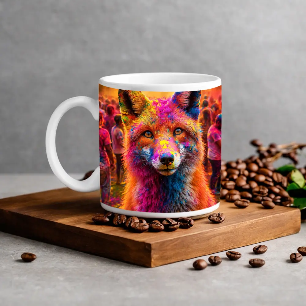 Fox Covered in Holi Colors Festival Crowd – Mugs