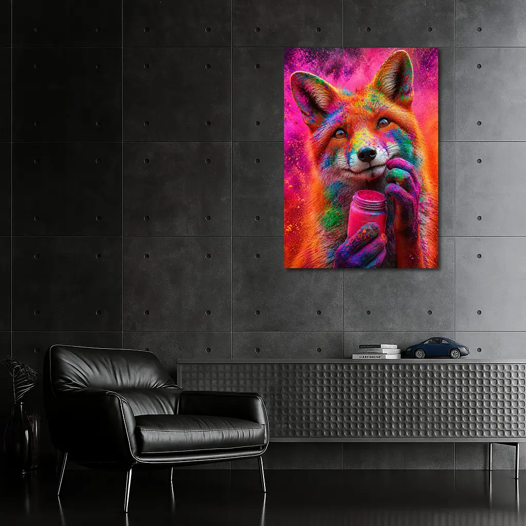 Colorful Fox Holding Holi Powder Jar – Wall Art