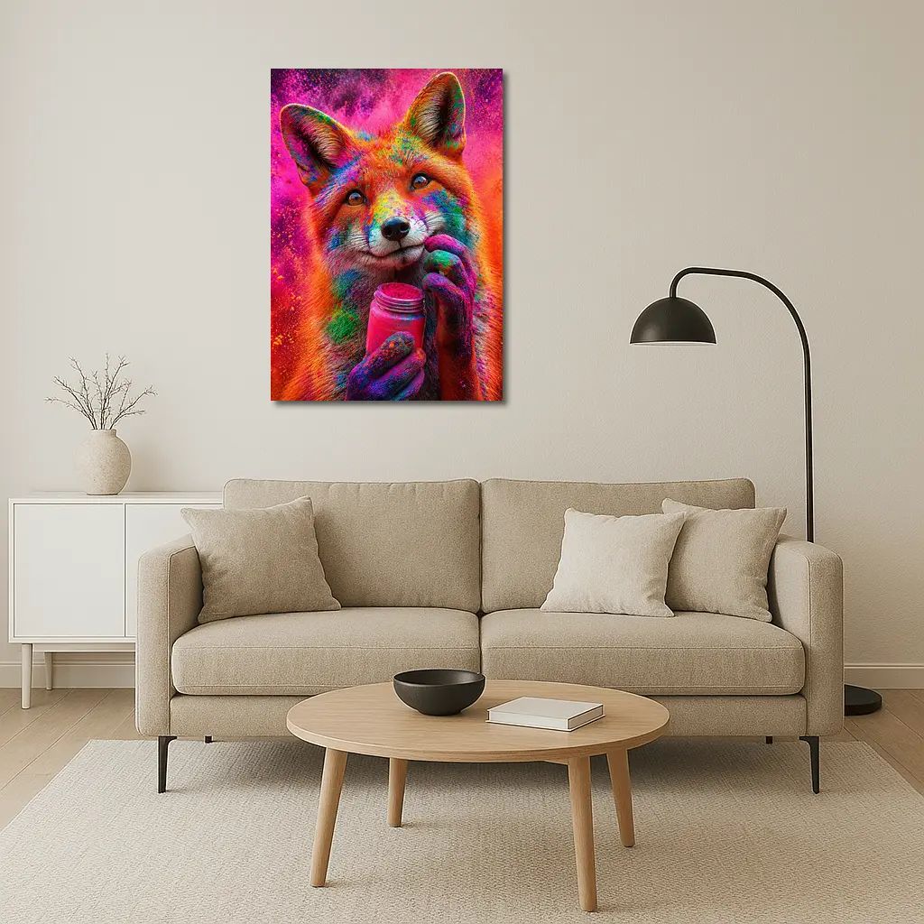 Colorful Fox Holding Holi Powder Jar – Wall Art