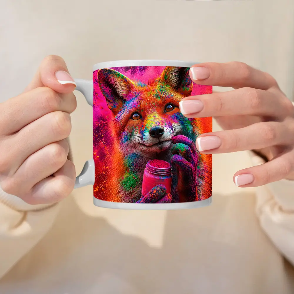 Colorful Fox Holding Holi Powder Jar – Mugs
