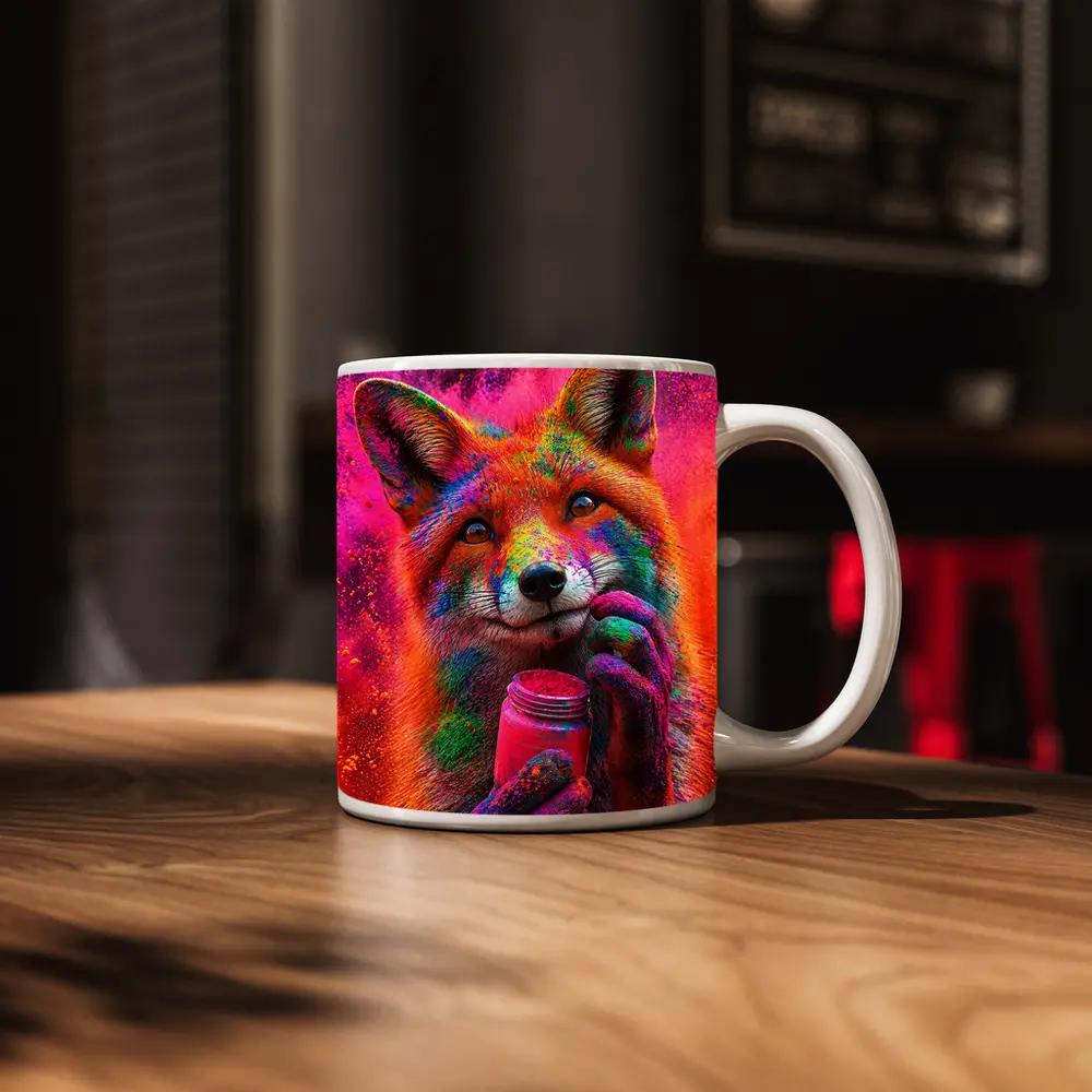 Colorful Fox Holding Holi Powder Jar – Mugs