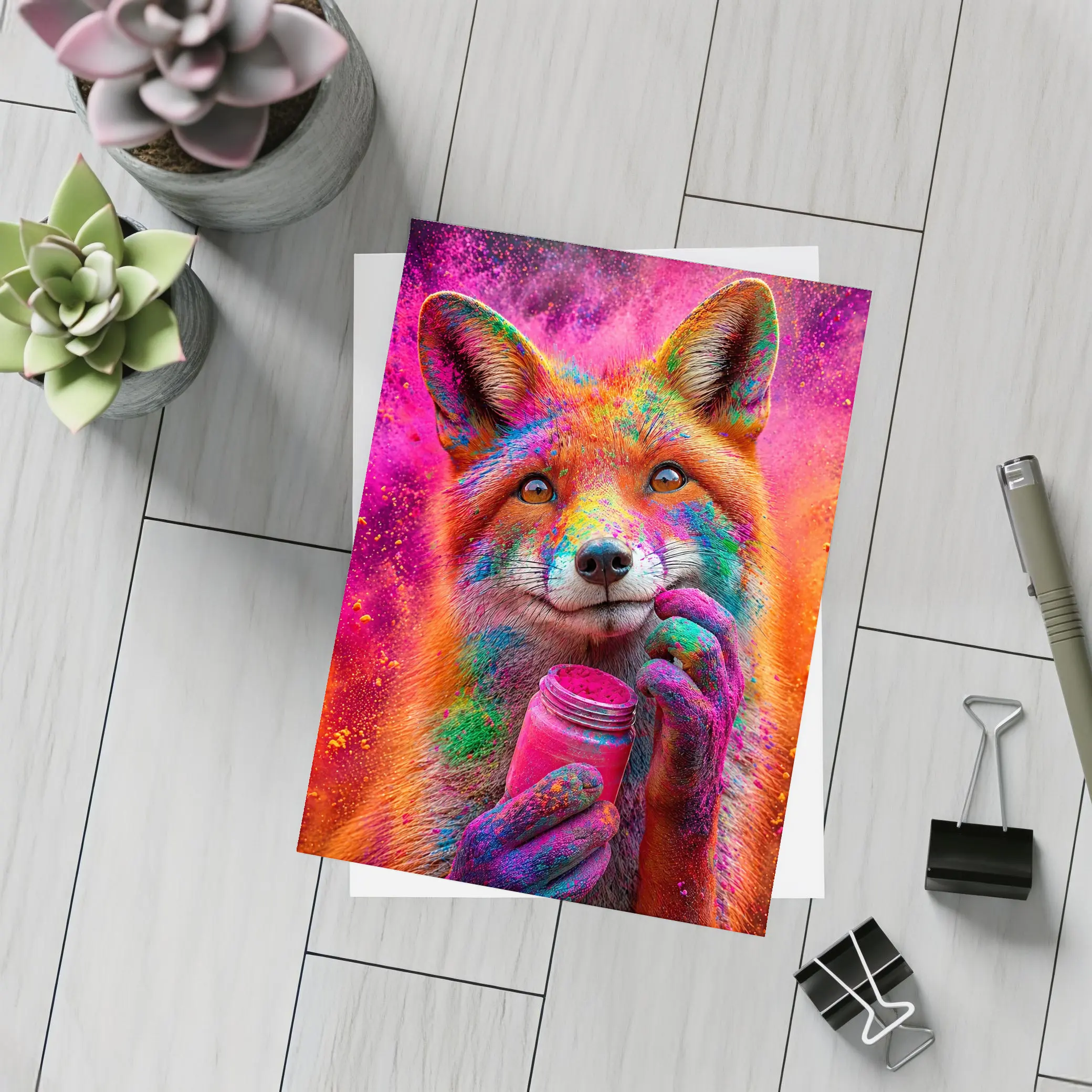 Colorful Fox Holding Holi Powder Jar – Postcards