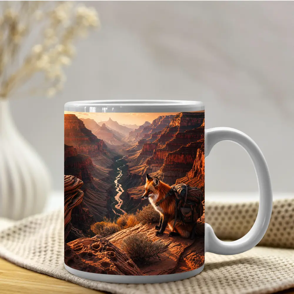 Red Fox With Backpack Grand Canyon Sunset – Mugs