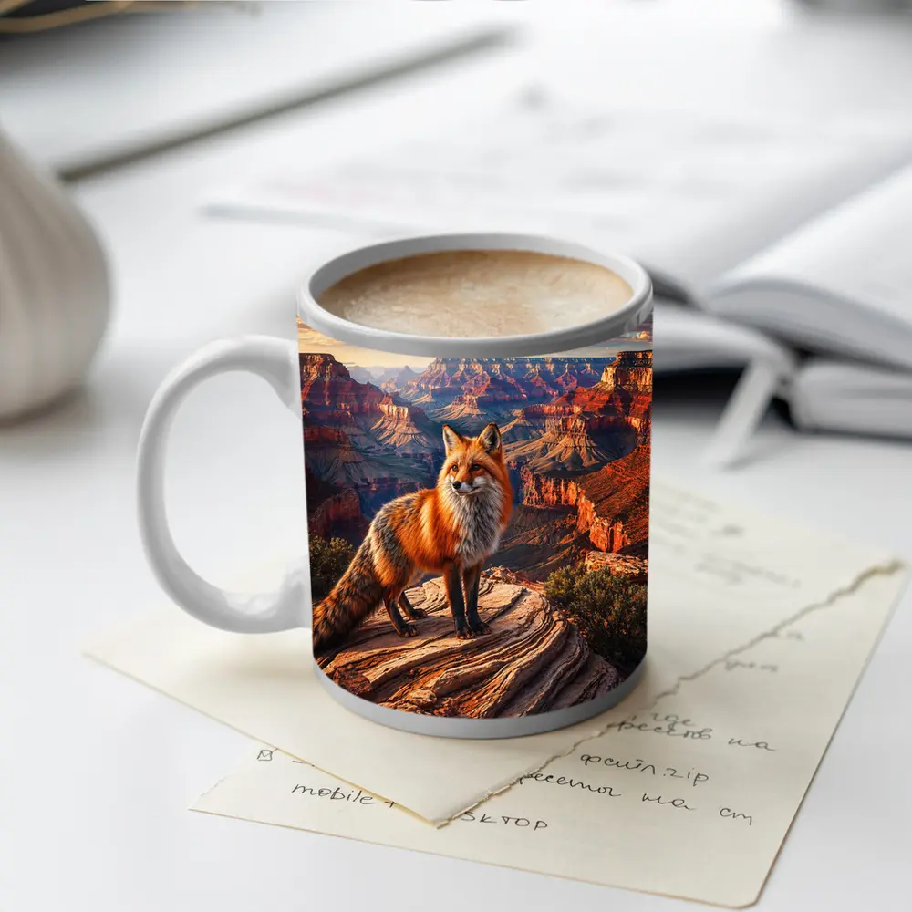 Red Fox Standing Over Grand Canyon Landscape – Mugs