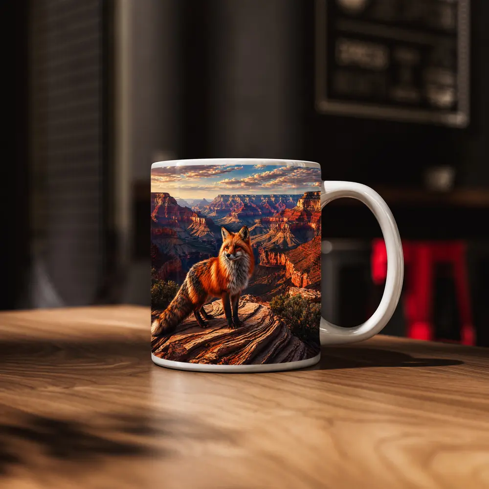 Red Fox Standing Over Grand Canyon Landscape – Mugs