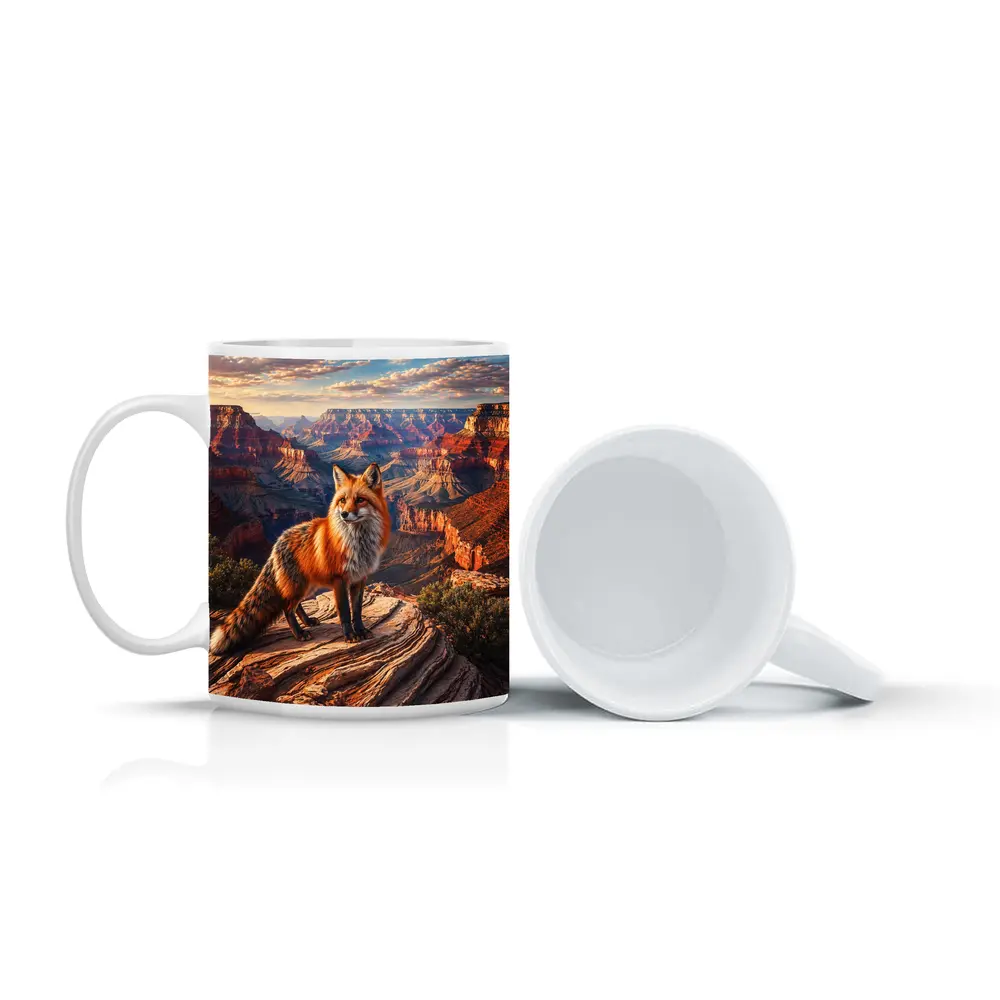 Red Fox Standing Over Grand Canyon Landscape – Mugs