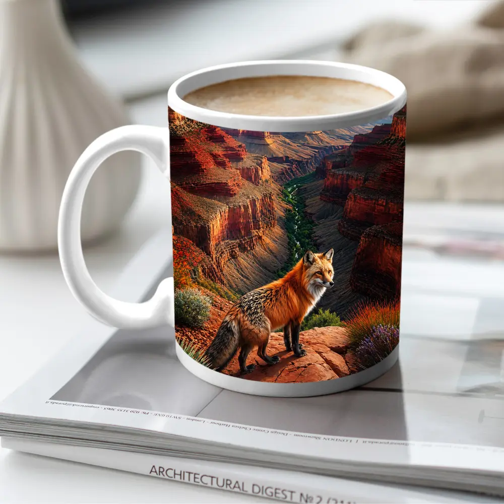 Red Fox Standing at Grand Canyon Rim – Mugs