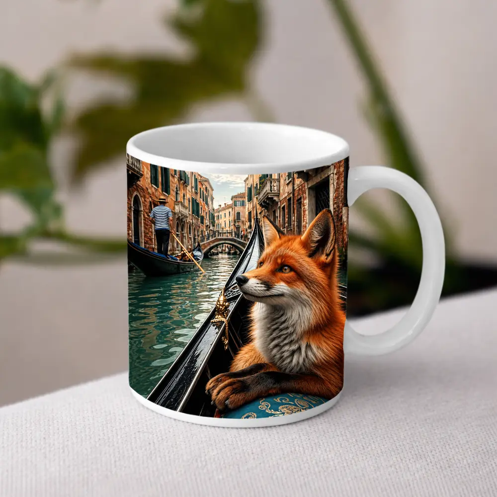 Red Fox Riding Gondola Venice Canal – Mugs