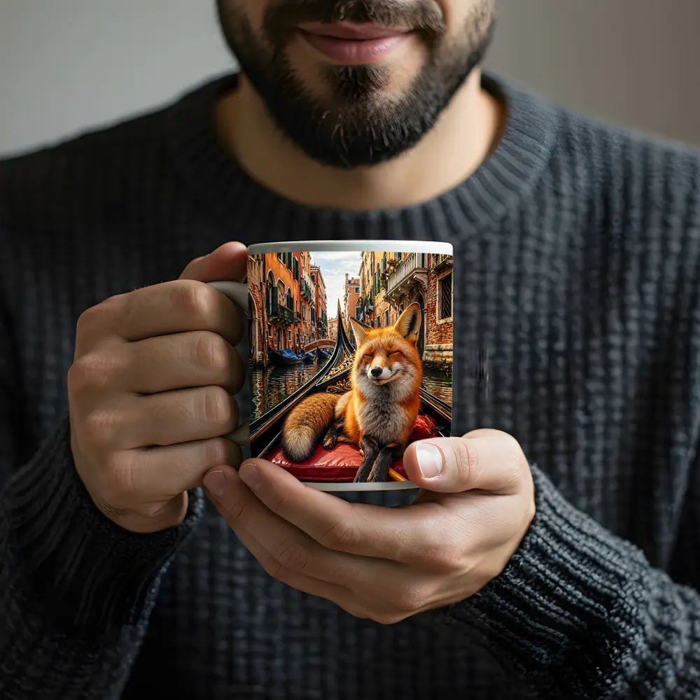 Red Fox Relaxing on Venice Gondola Canal – Mugs