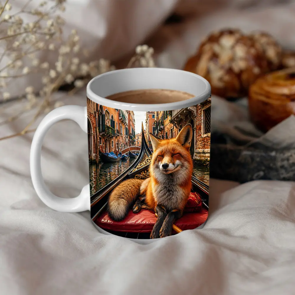 Red Fox Relaxing on Venice Gondola Canal – Mugs