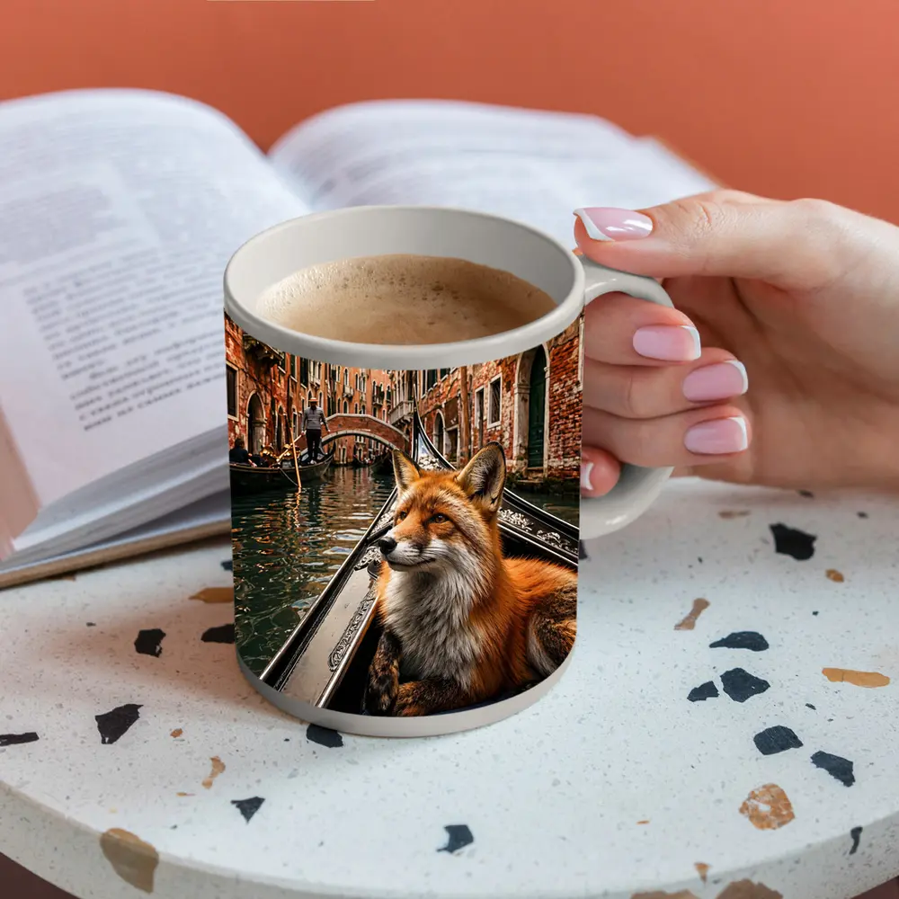 Red Fox Relaxing on Venice Gondola Canal – Mugs