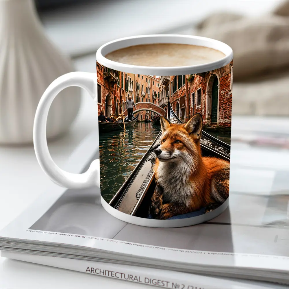 Red Fox Relaxing on Venice Gondola Canal – Mugs