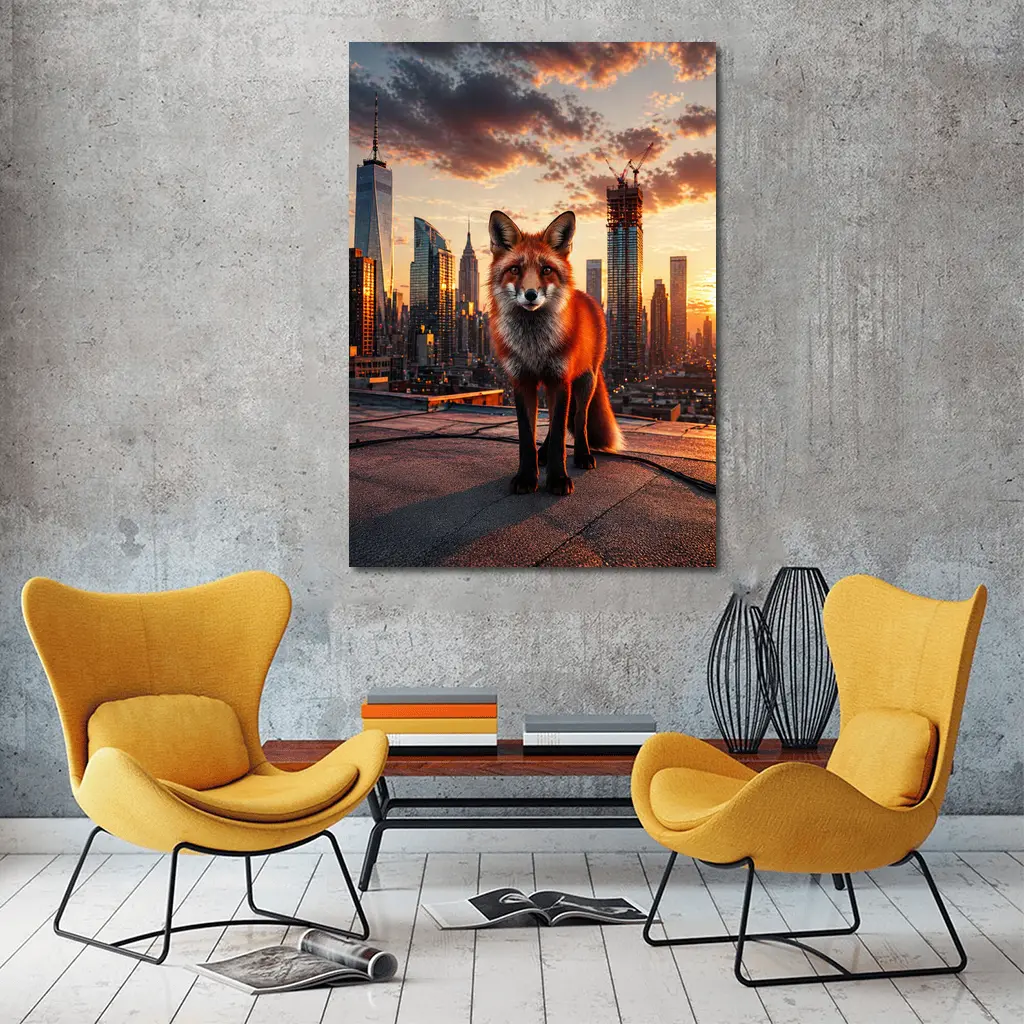 Red Fox Standing on City Rooftop Sunset – Wall Art