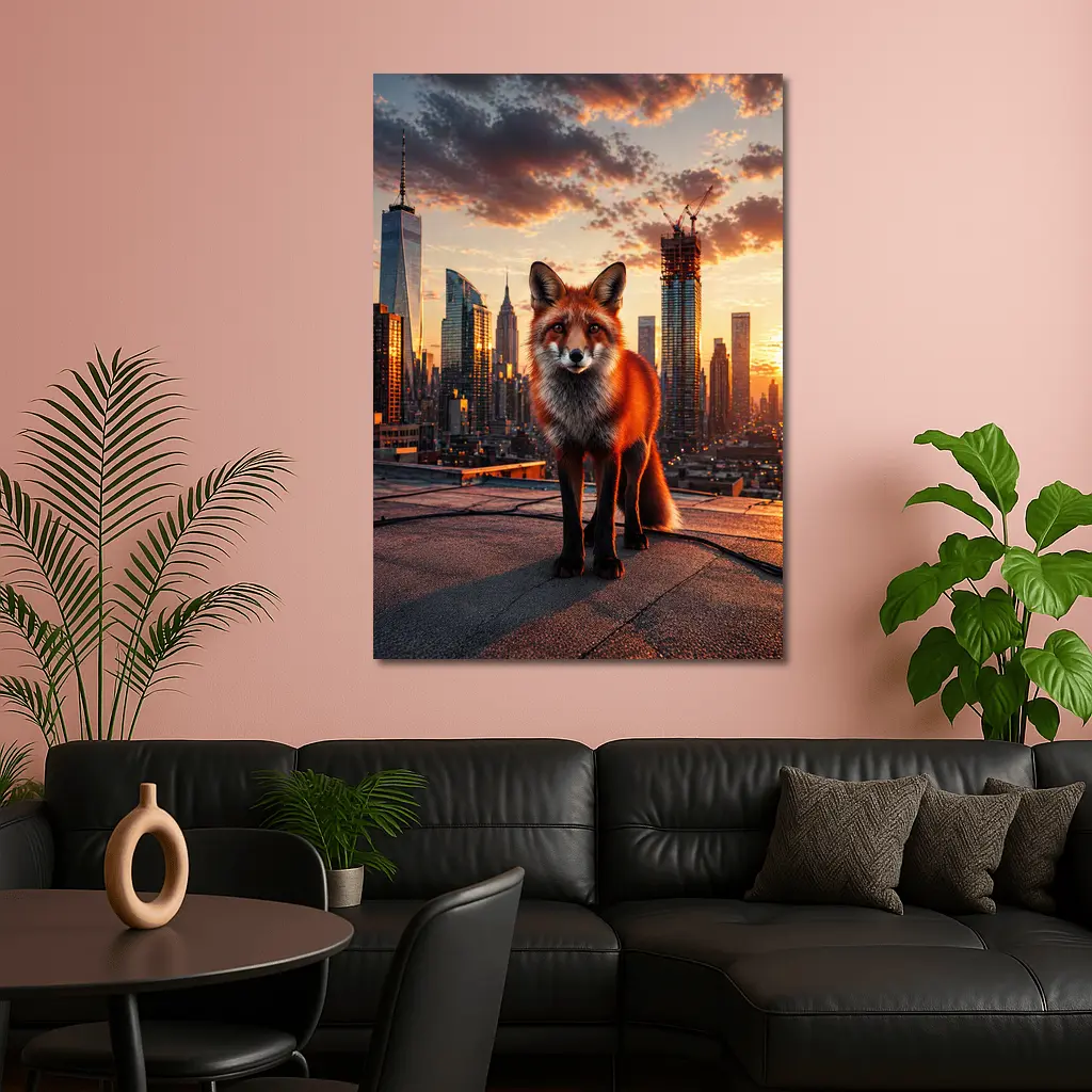 Red Fox Standing on City Rooftop Sunset – Wall Art