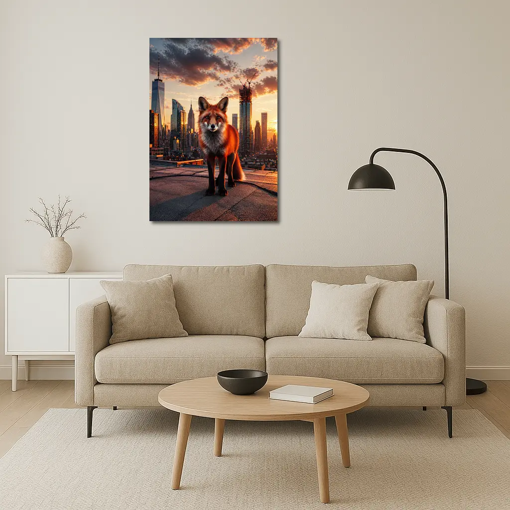 Red Fox Standing on City Rooftop Sunset – Wall Art