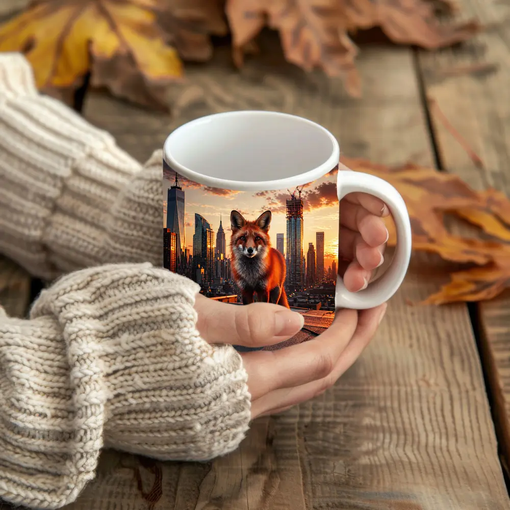 Red Fox Standing on City Rooftop Sunset – Mugs