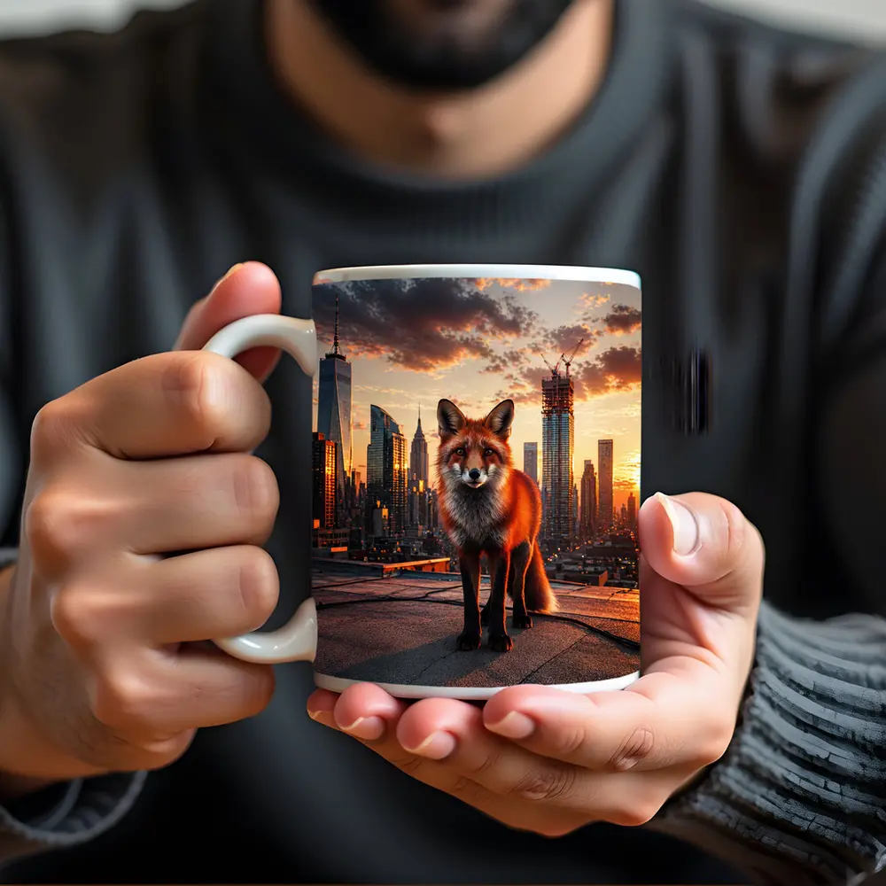 Red Fox Standing on City Rooftop Sunset – Mugs