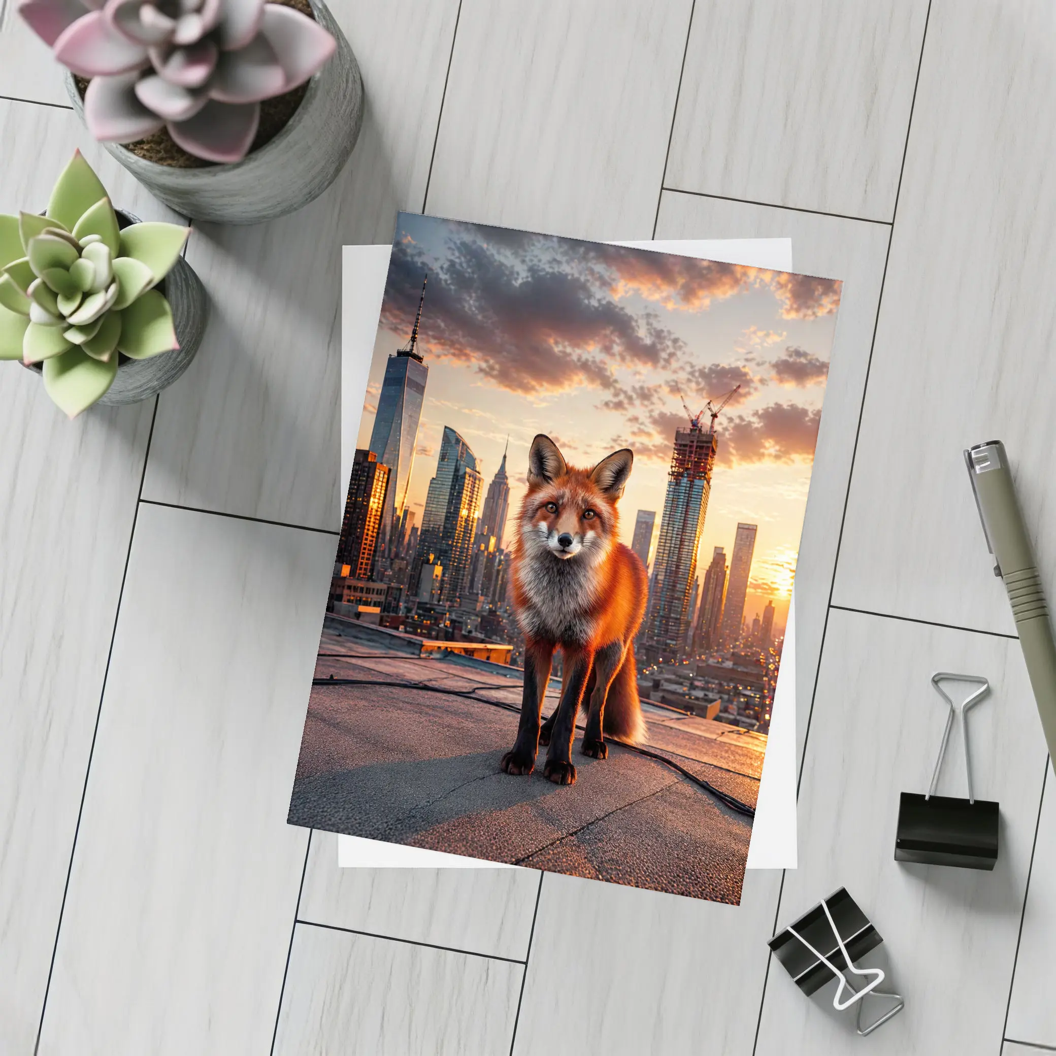 Red Fox Standing on City Rooftop Sunset – Postcards