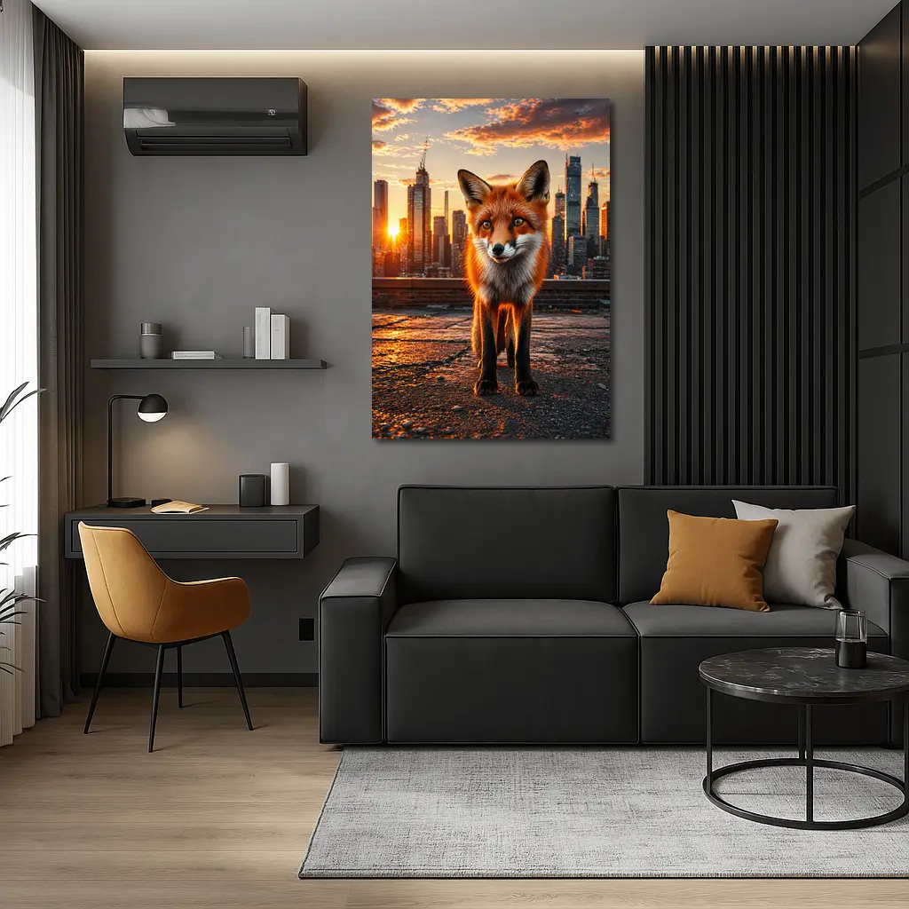 Red Fox Standing On City Rooftop Sunset – Wall Art