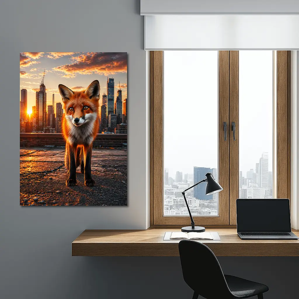 Red Fox Standing On City Rooftop Sunset – Wall Art