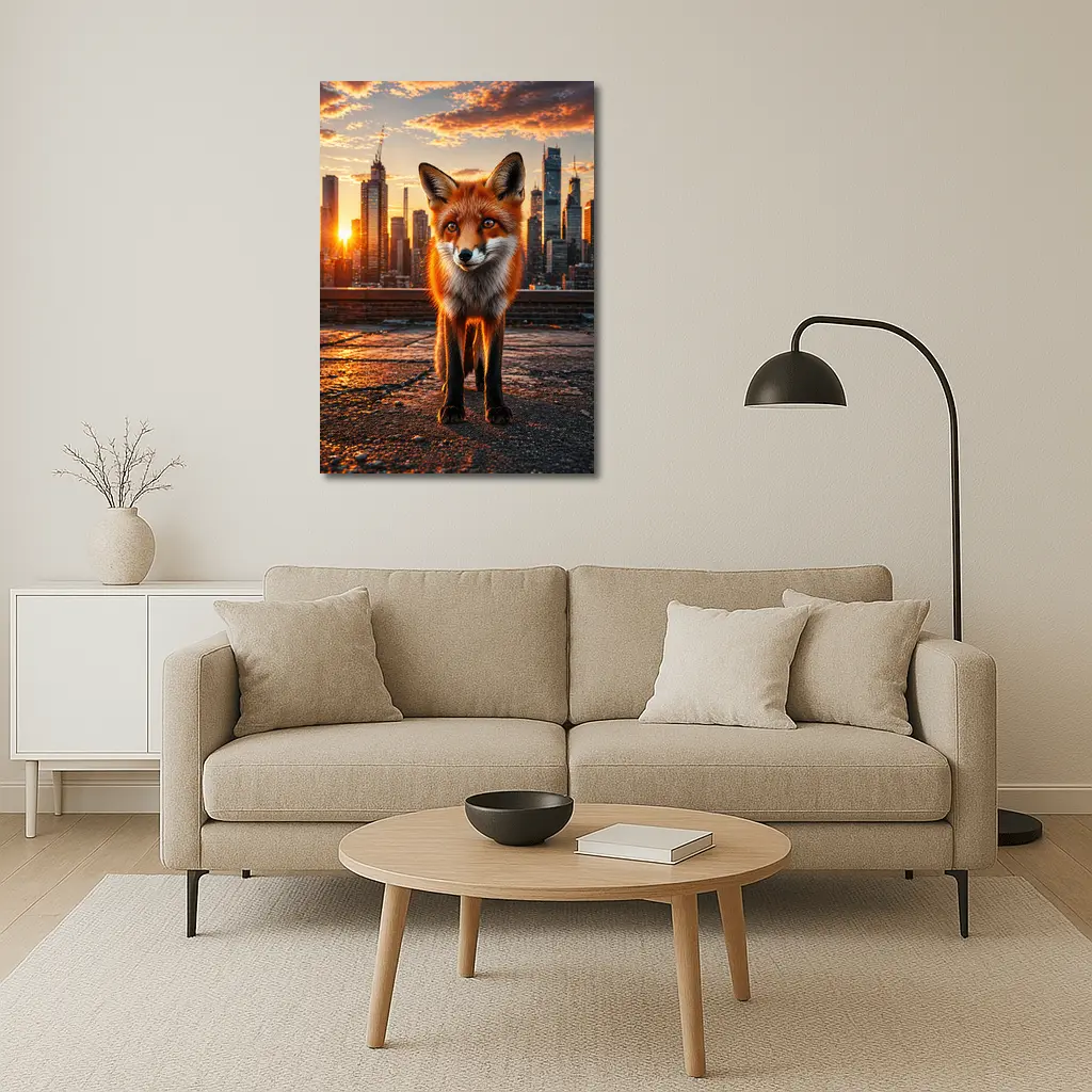 Red Fox Standing On City Rooftop Sunset – Wall Art