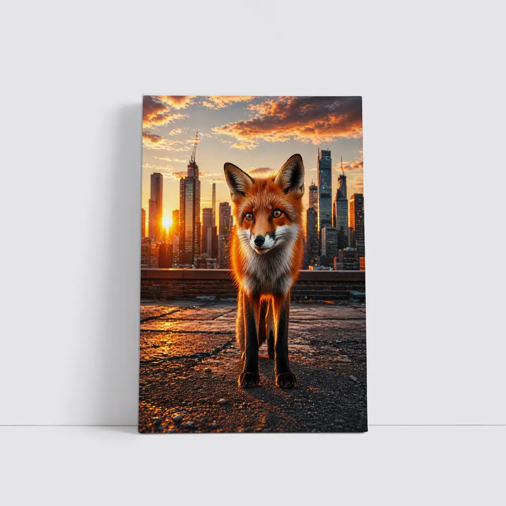 Red Fox Standing On City Rooftop Sunset – Wall Art