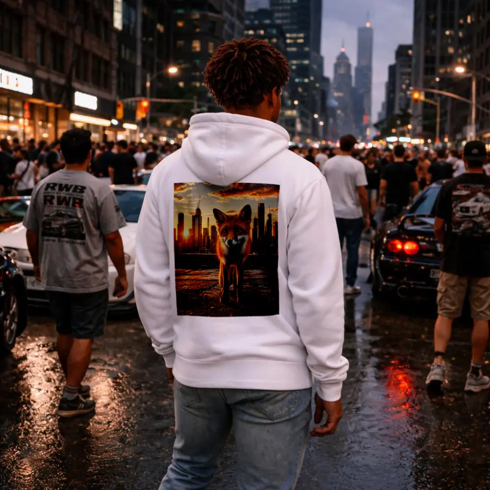 Red Fox Standing On City Rooftop Sunset – Hoodies