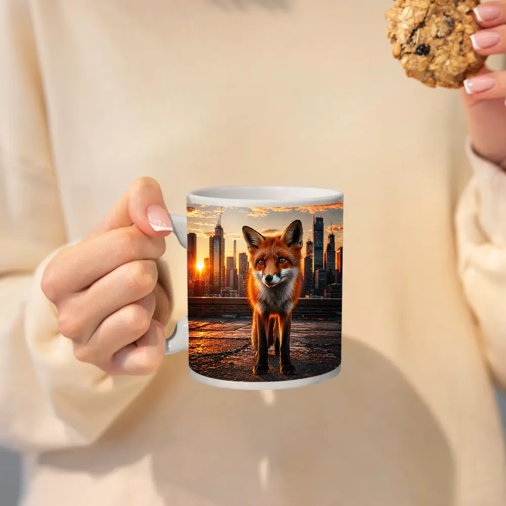 Red Fox Standing On City Rooftop Sunset – Mugs
