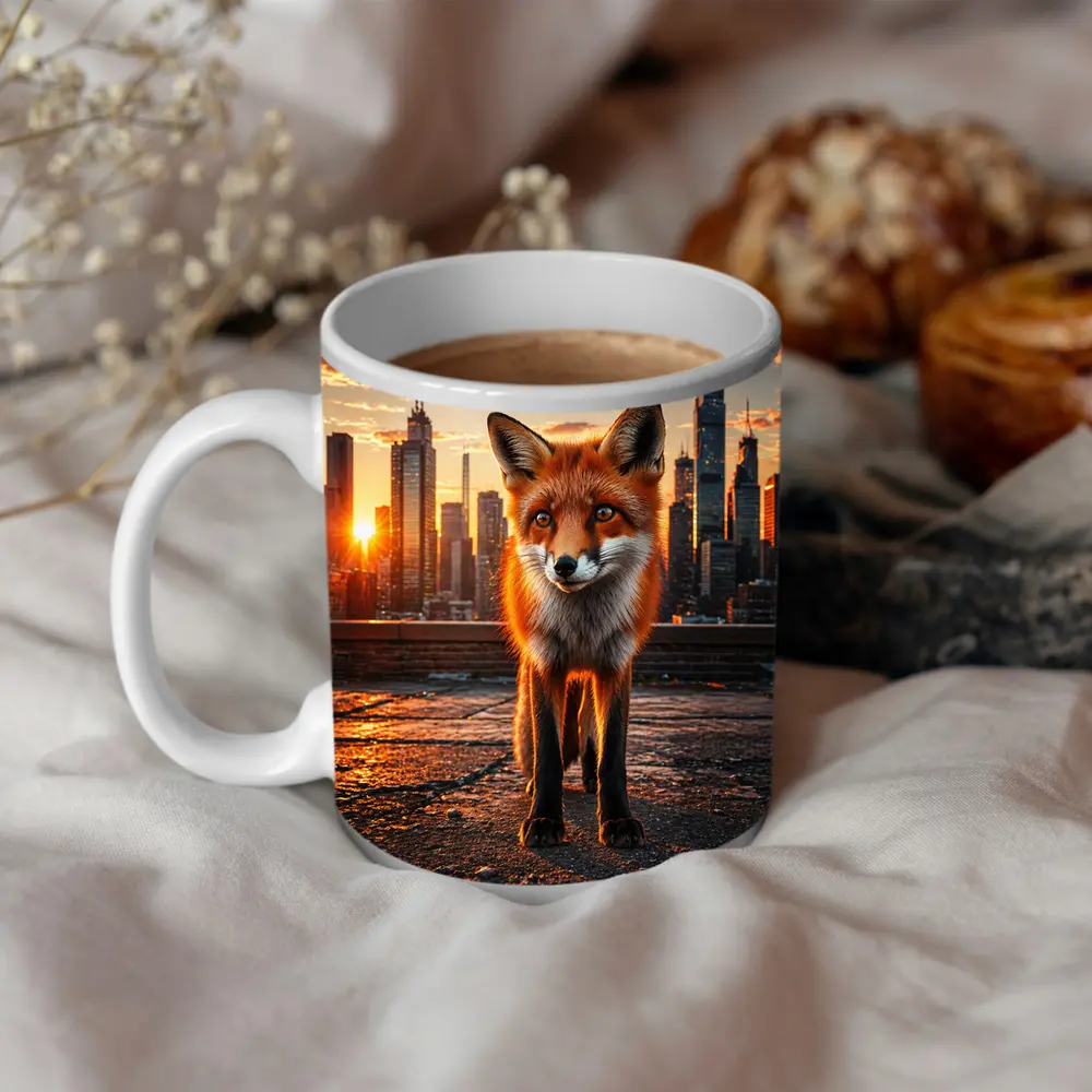 Red Fox Standing On City Rooftop Sunset – Mugs
