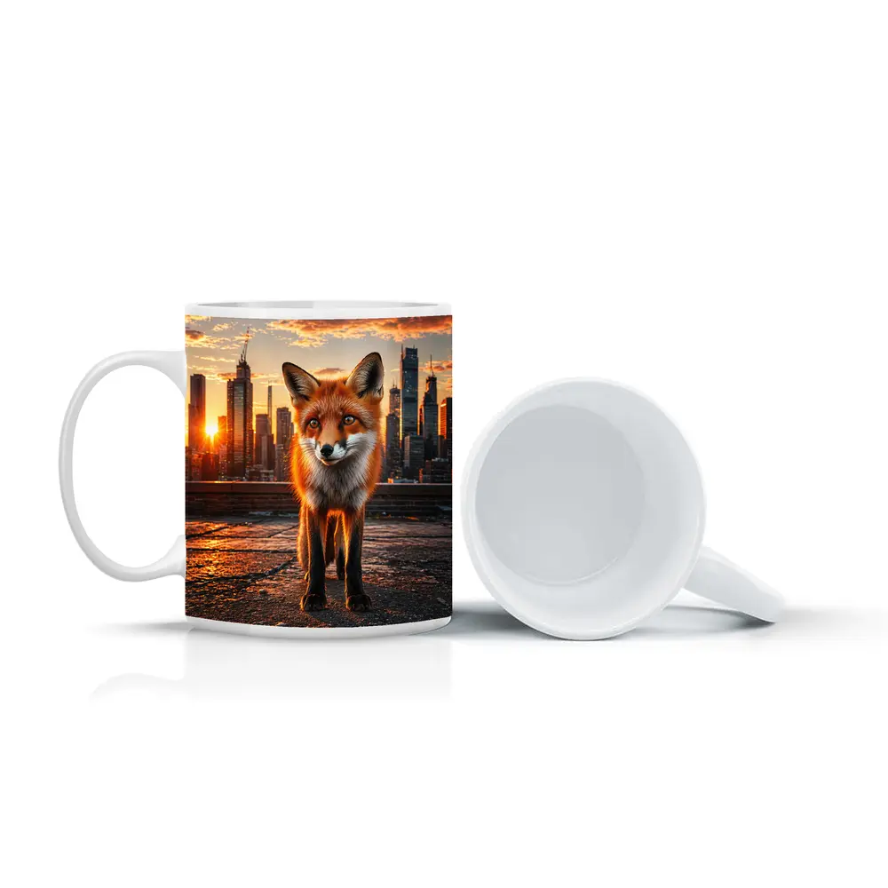 Red Fox Standing On City Rooftop Sunset – Mugs