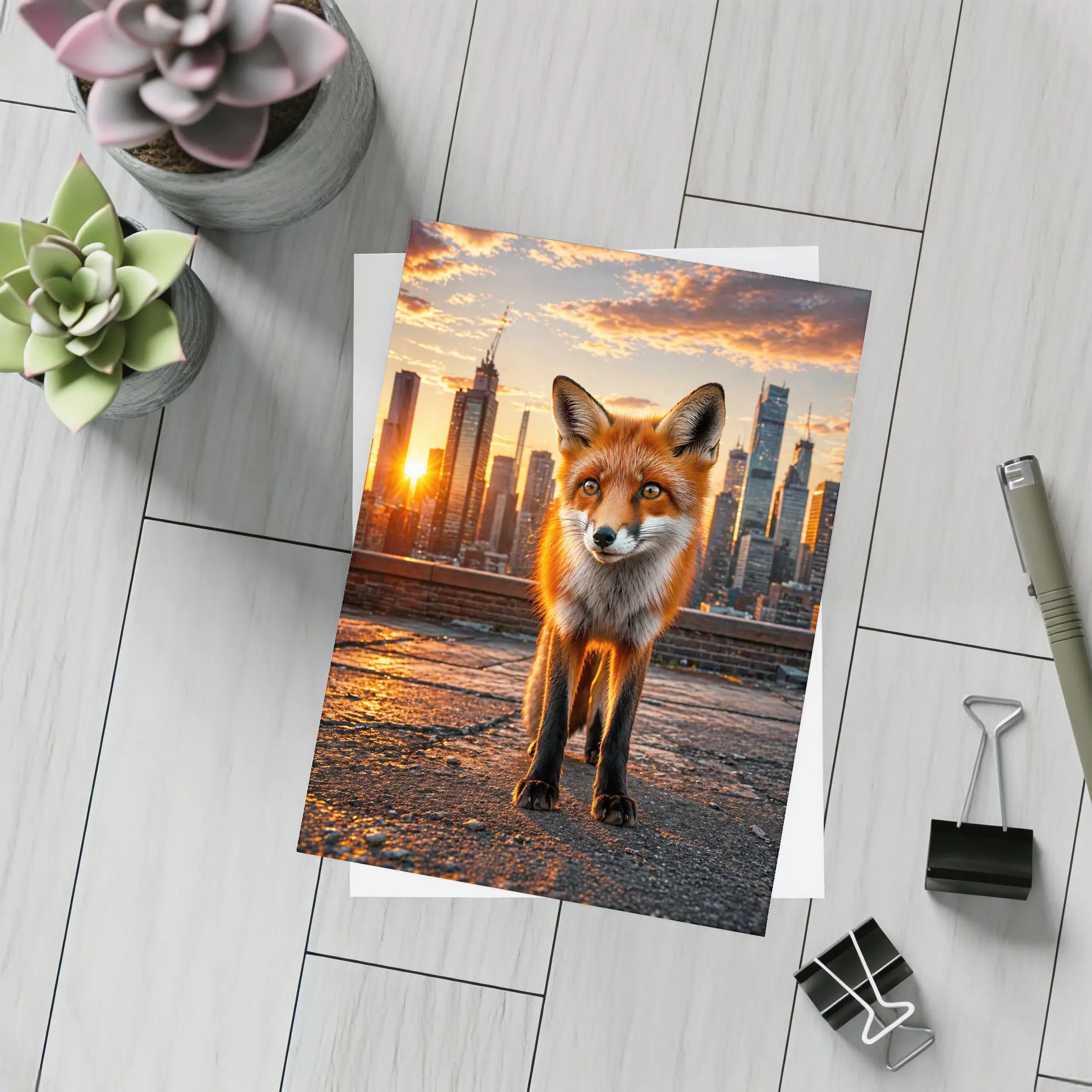 Red Fox Standing On City Rooftop Sunset – Postcards