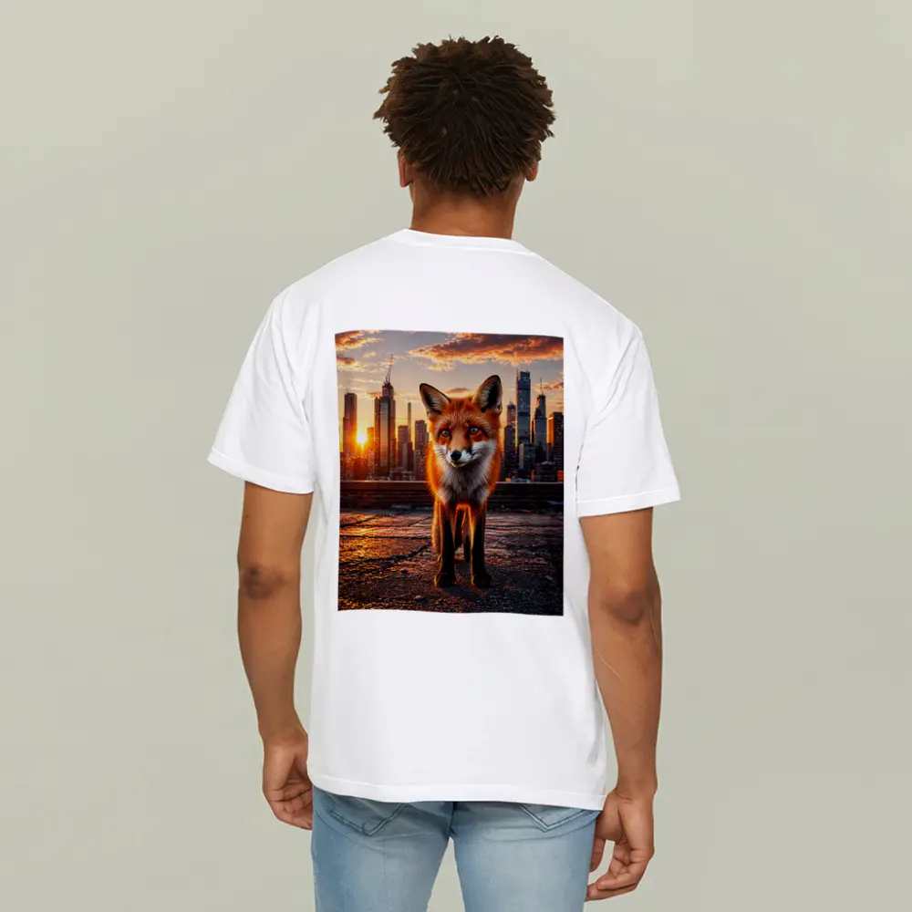 Red Fox Standing On City Rooftop Sunset – T-Shirts