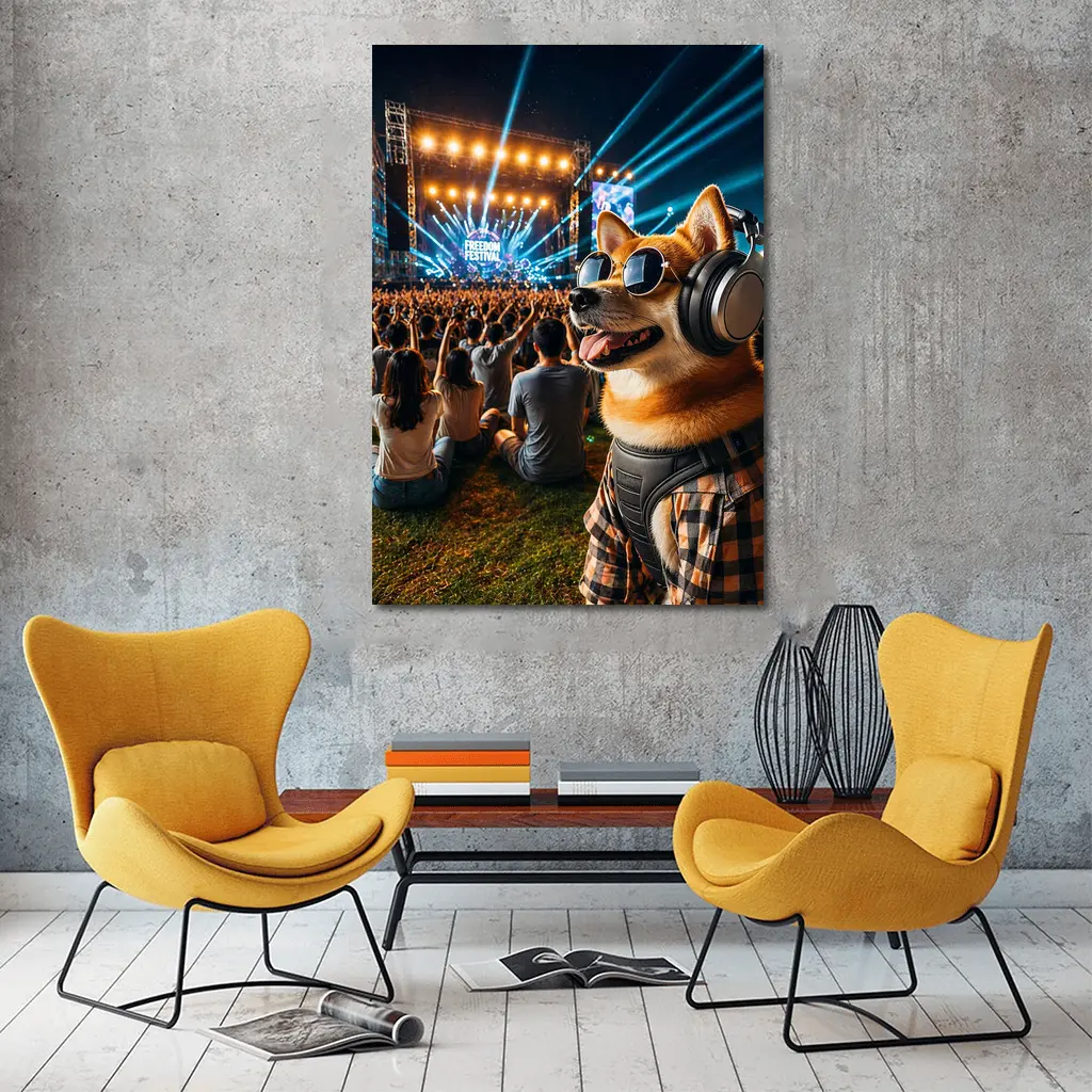Shiba Inu Dog Headphones Sunglasses Music Festival – Wall Art