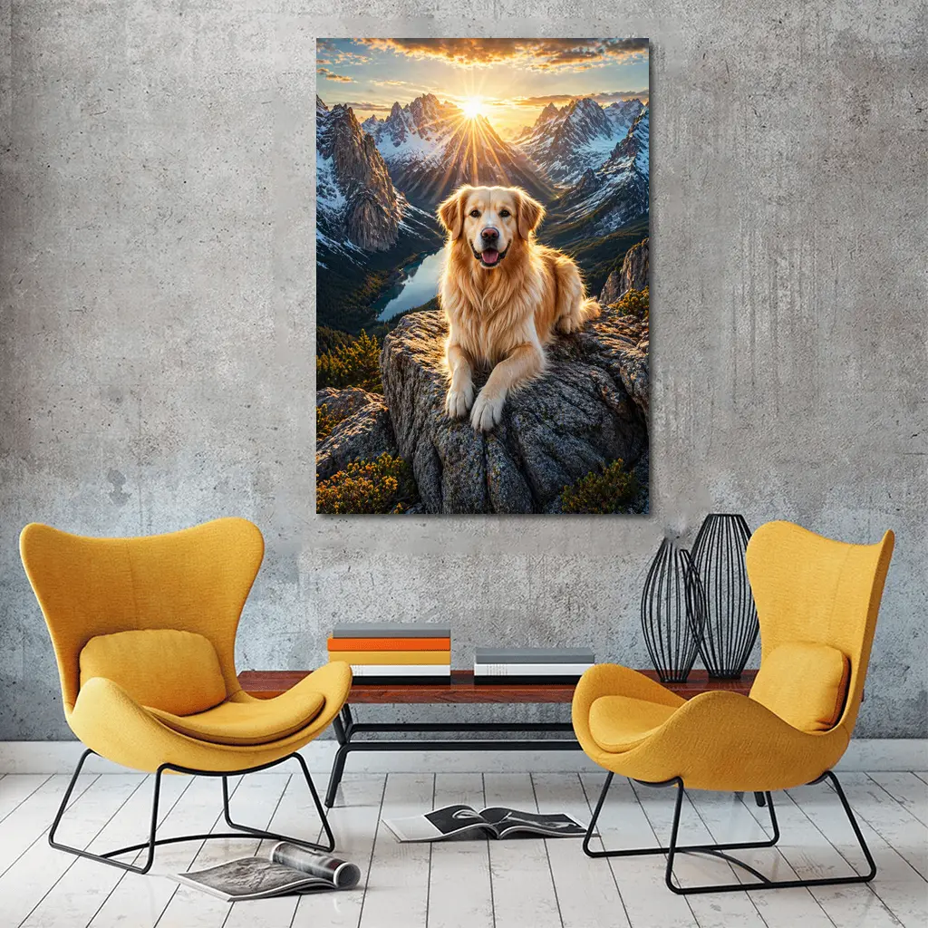 Golden Retriever Resting on Mountain Summit Sunset – Wall Art