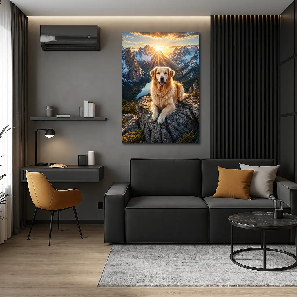 Golden Retriever Resting on Mountain Summit Sunset – Wall Art
