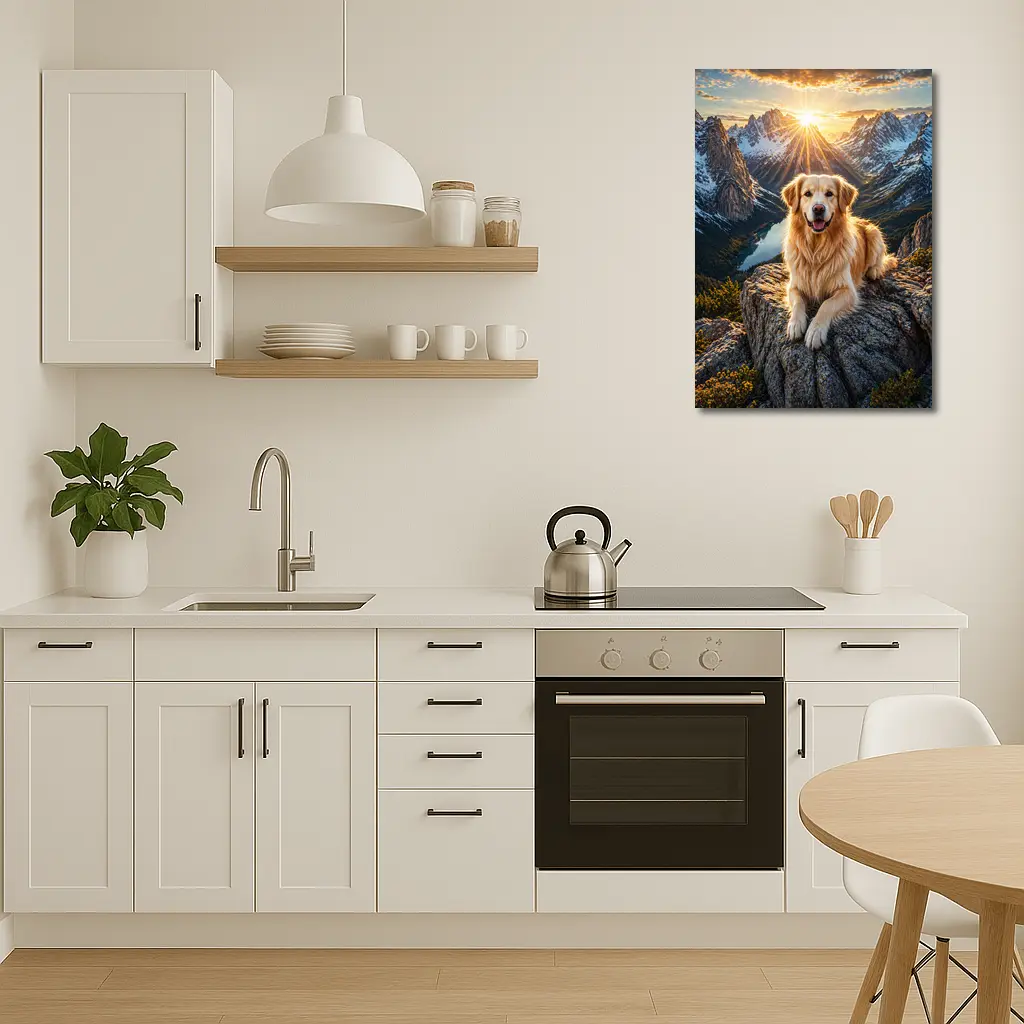 Golden Retriever Resting on Mountain Summit Sunset – Wall Art