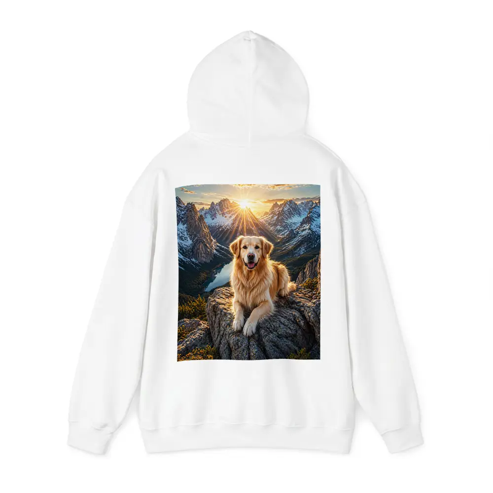 Golden Retriever Resting on Mountain Summit Sunset – Hoodies