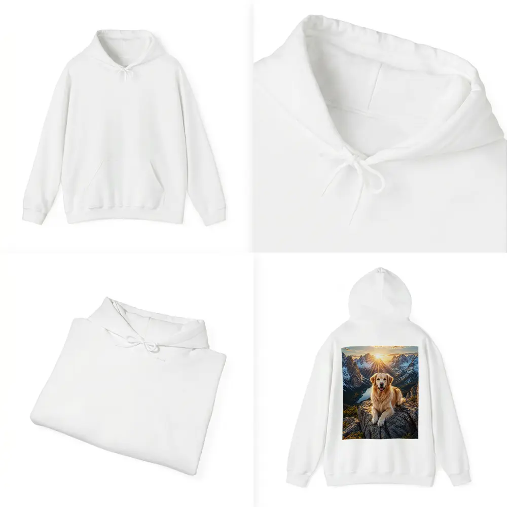 Golden Retriever Resting on Mountain Summit Sunset – Hoodies