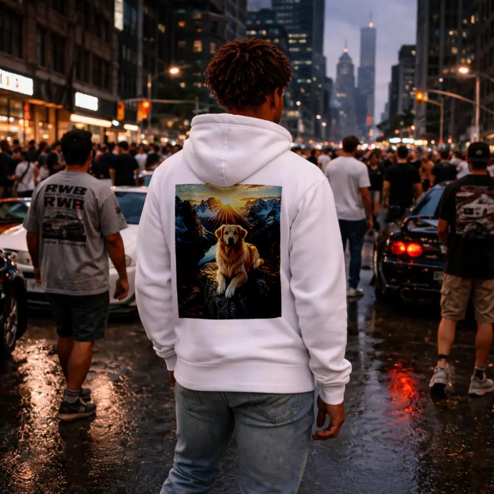 Golden Retriever Resting on Mountain Summit Sunset – Hoodies