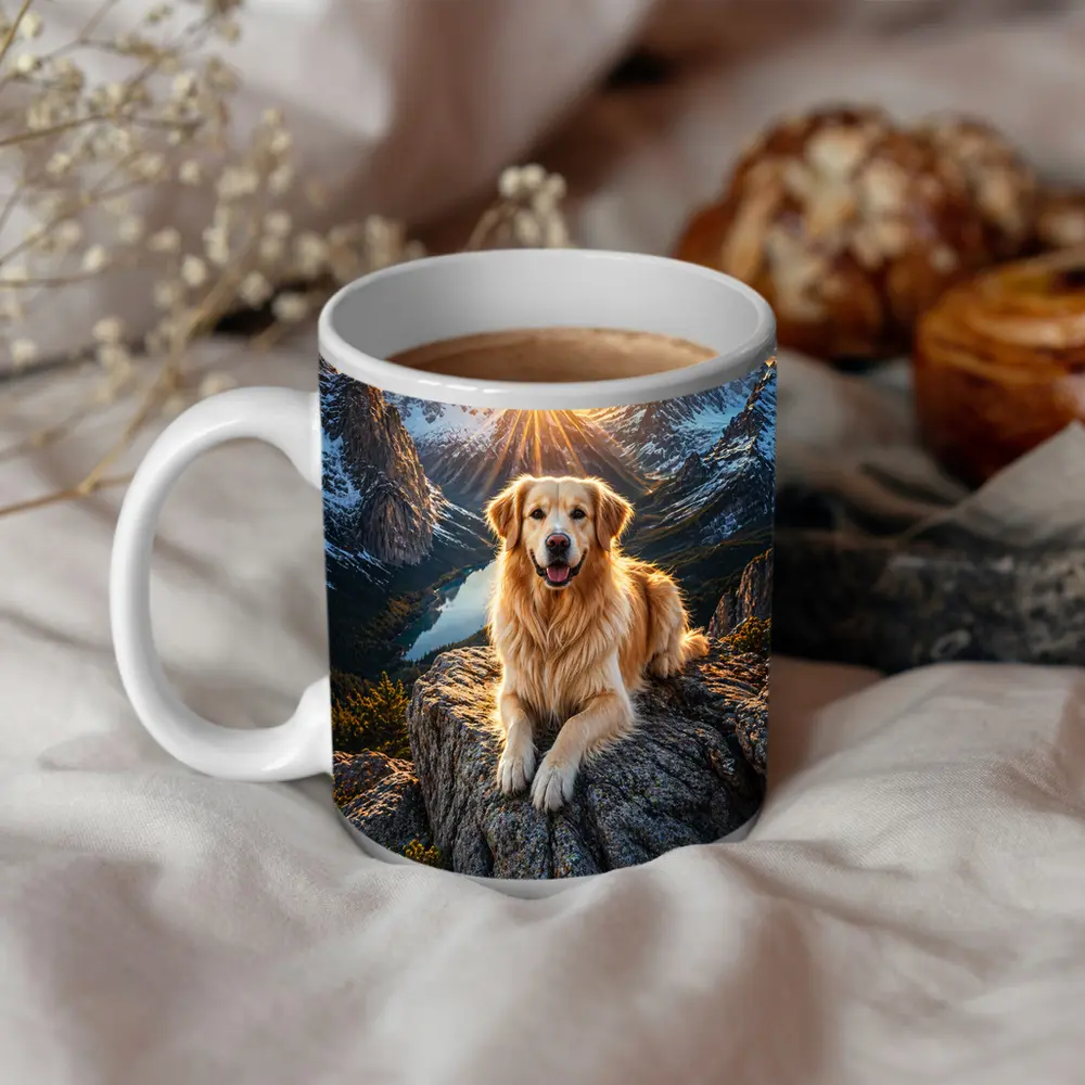 Golden Retriever Resting on Mountain Summit Sunset – Mugs