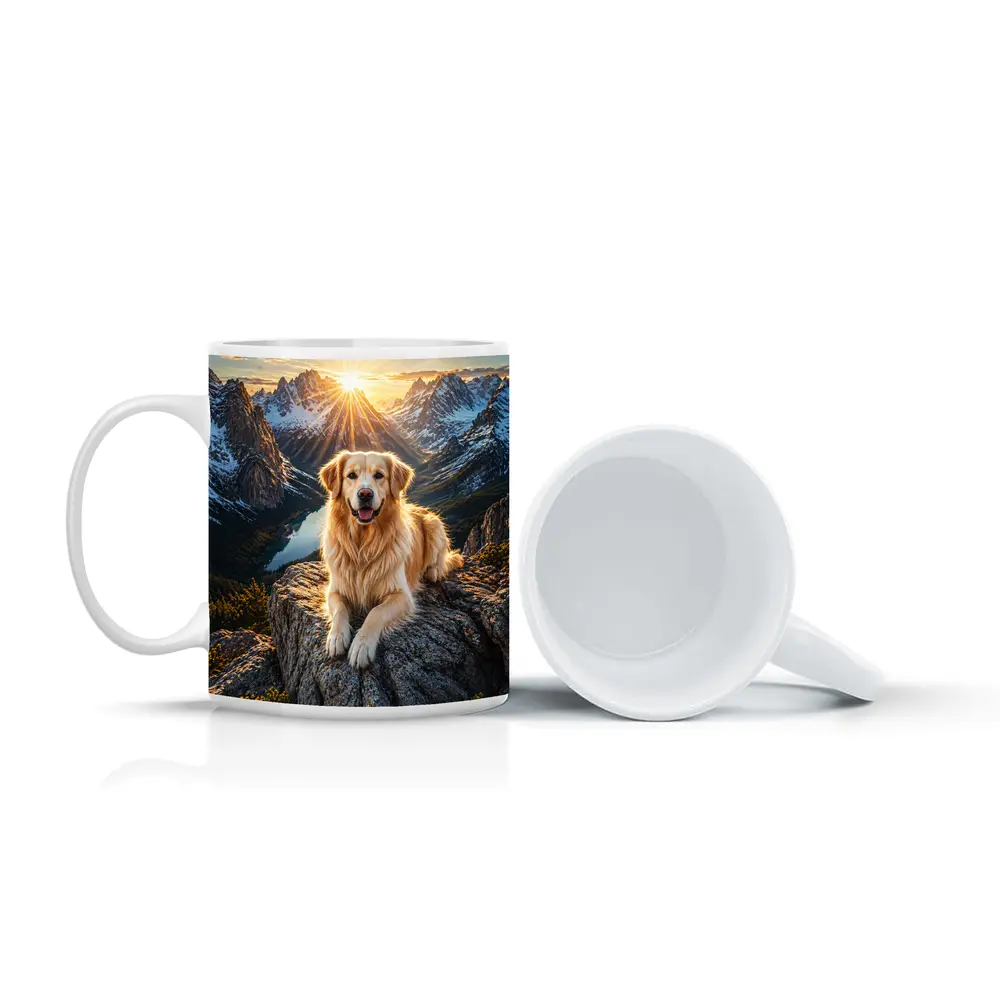 Golden Retriever Resting on Mountain Summit Sunset – Mugs