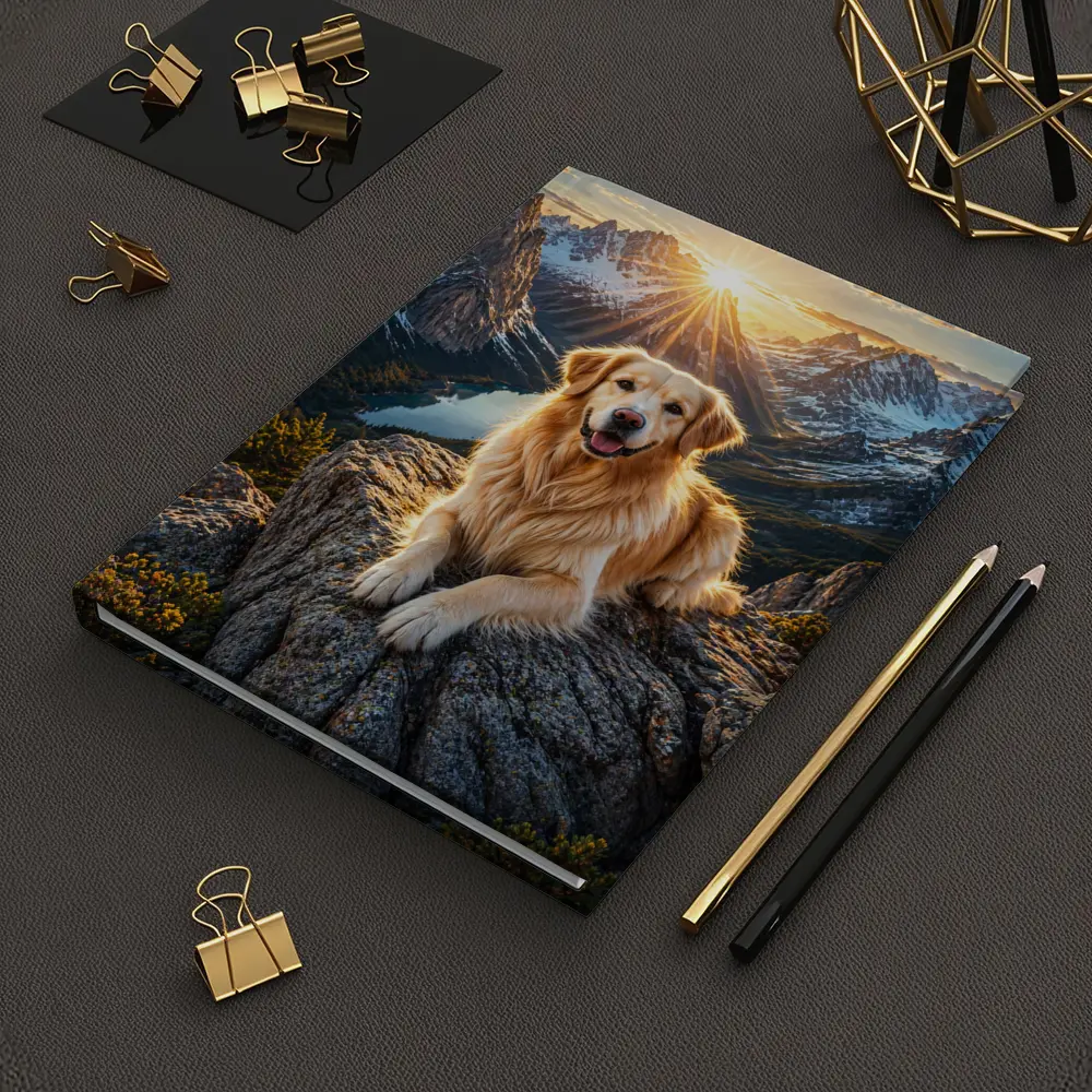 Golden Retriever Resting on Mountain Summit Sunset – Notebooks