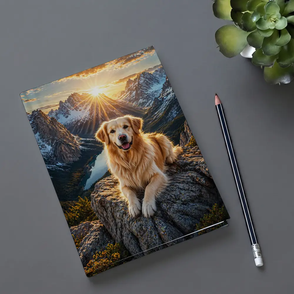 Golden Retriever Resting on Mountain Summit Sunset – Notebooks